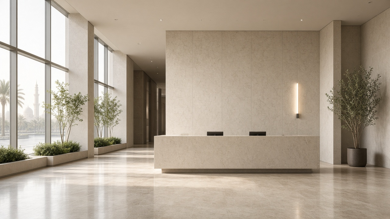 Architectural atmosphere in Abu Dhabi, without logos or readable signs.