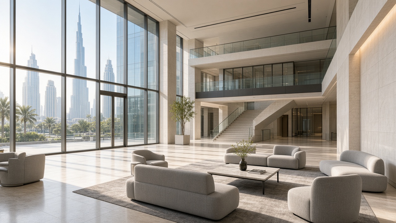 A sunlit modern office lobby in Dubai with empty benches, no logos or text.