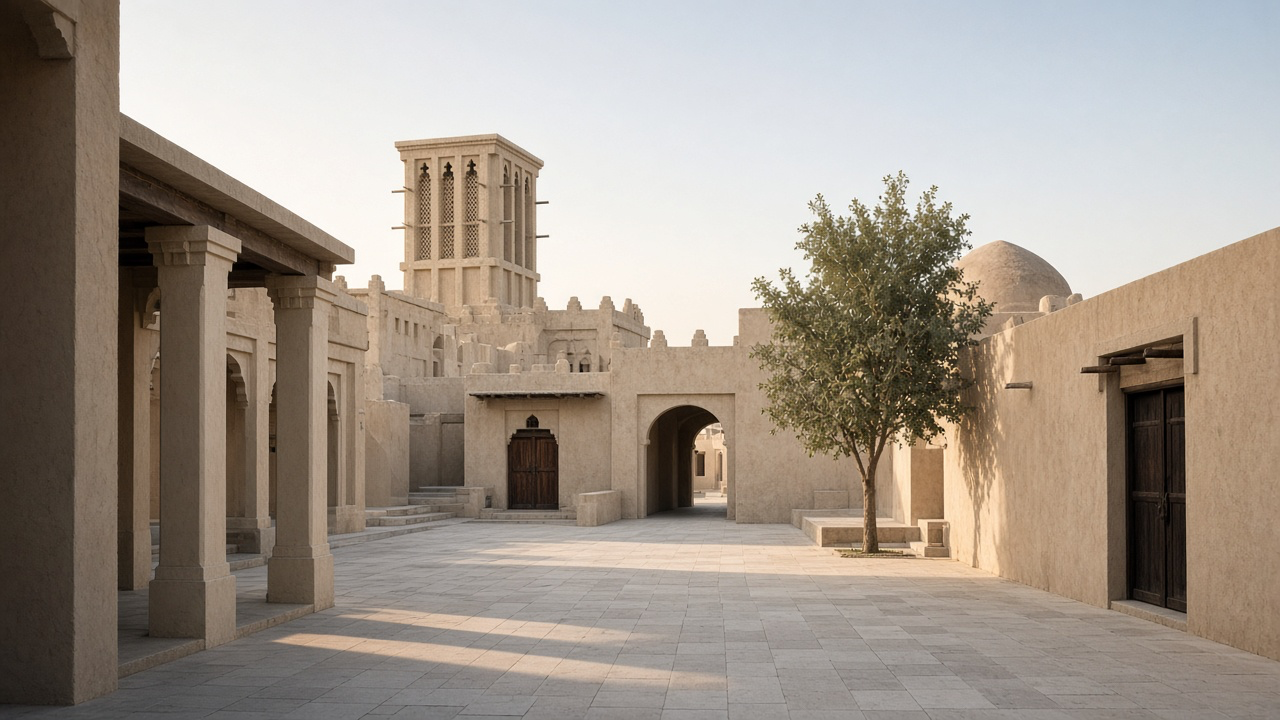 Architectural atmosphere in Sharjah, without logos or readable signs.