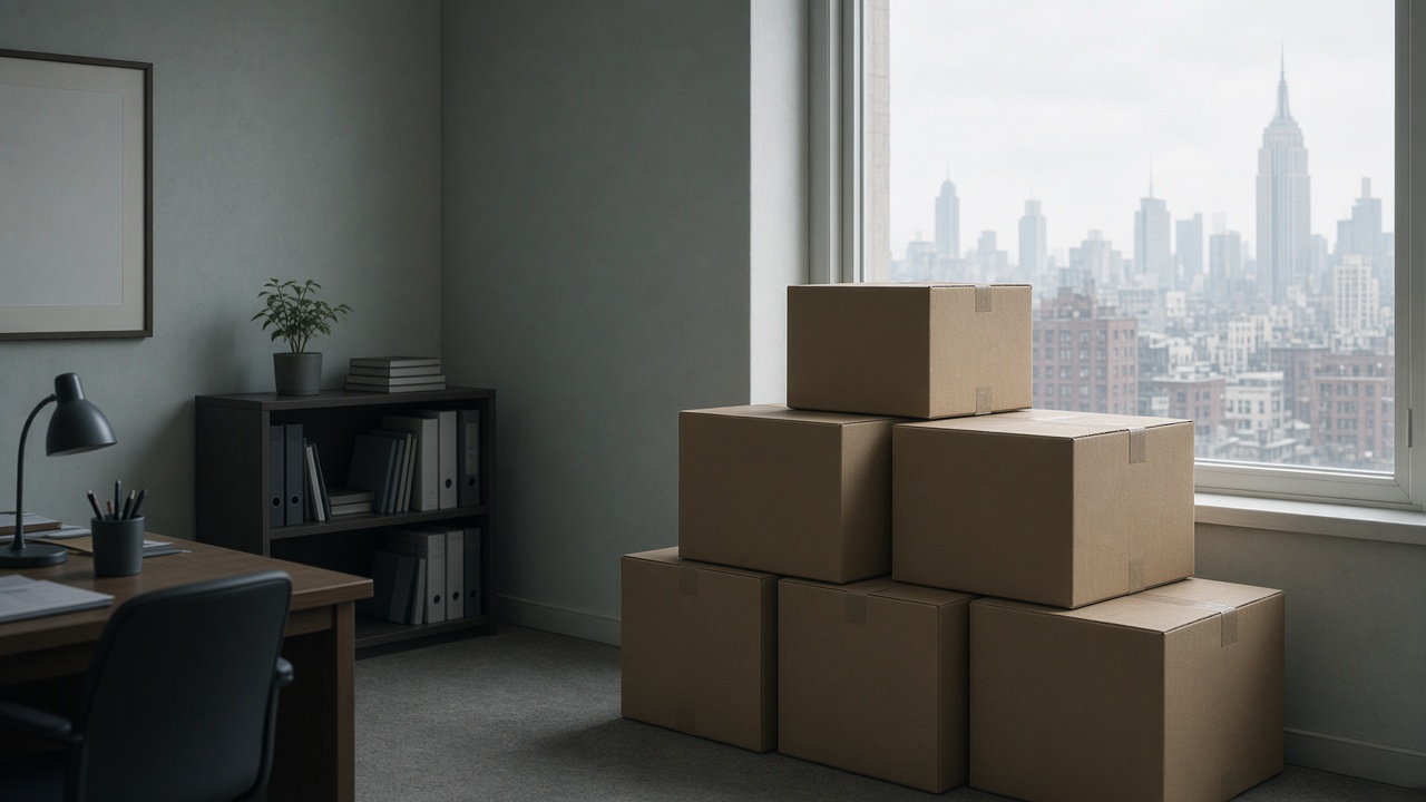 A quiet office being packed: closed boxes by a window, city beyond, no readable labels.