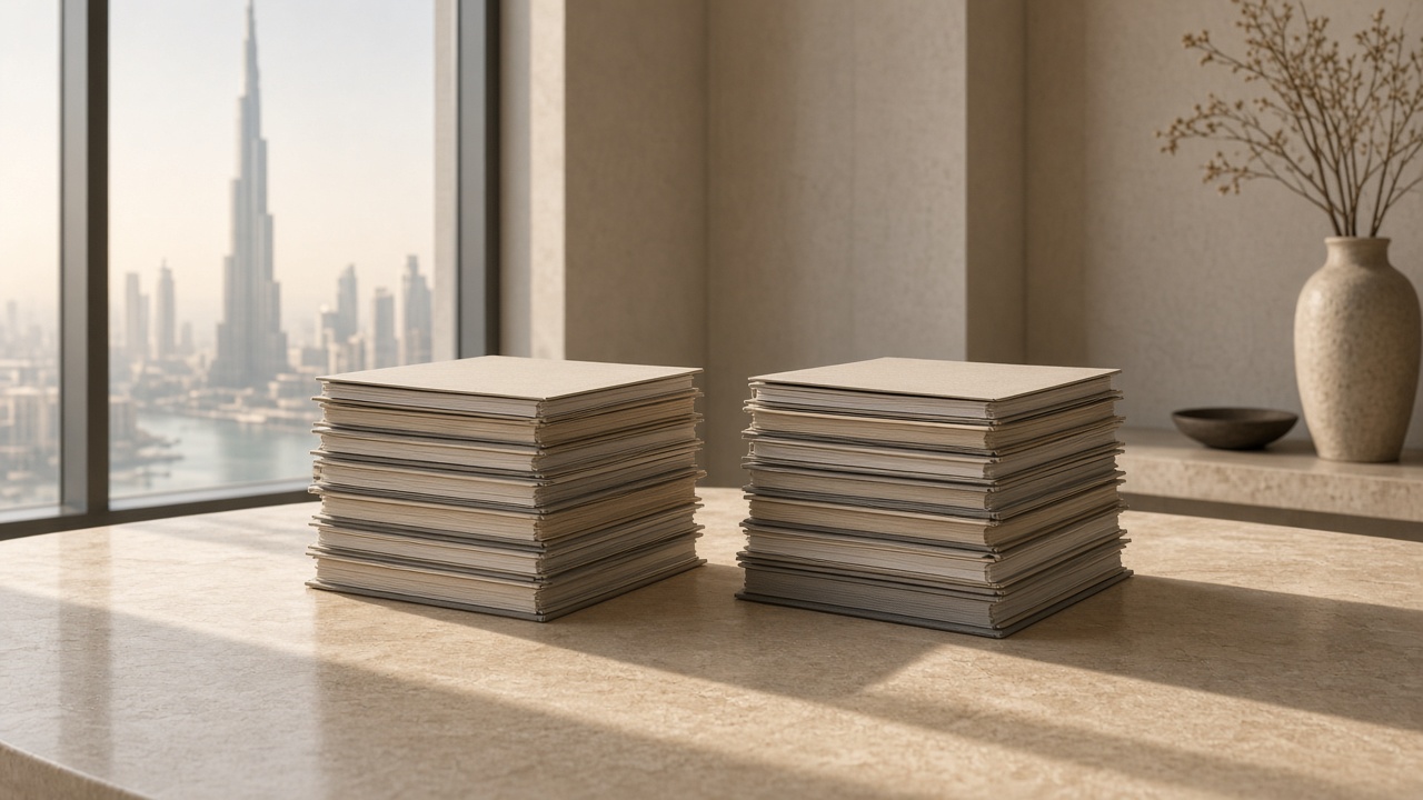 Two identical sets of closed folders on a stone table in daylight, no readable names.