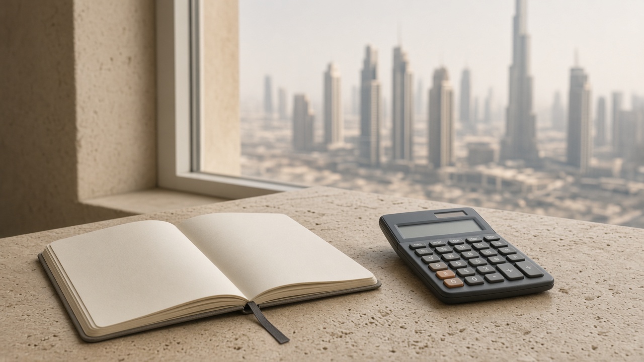 A notebook and calculator on a stone table by a window with muted Dubai city light, no readable figures.