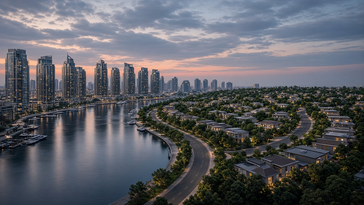 Dusk light over a Dubai waterfront of towers and a greener low-rise neighbourhood, no text.