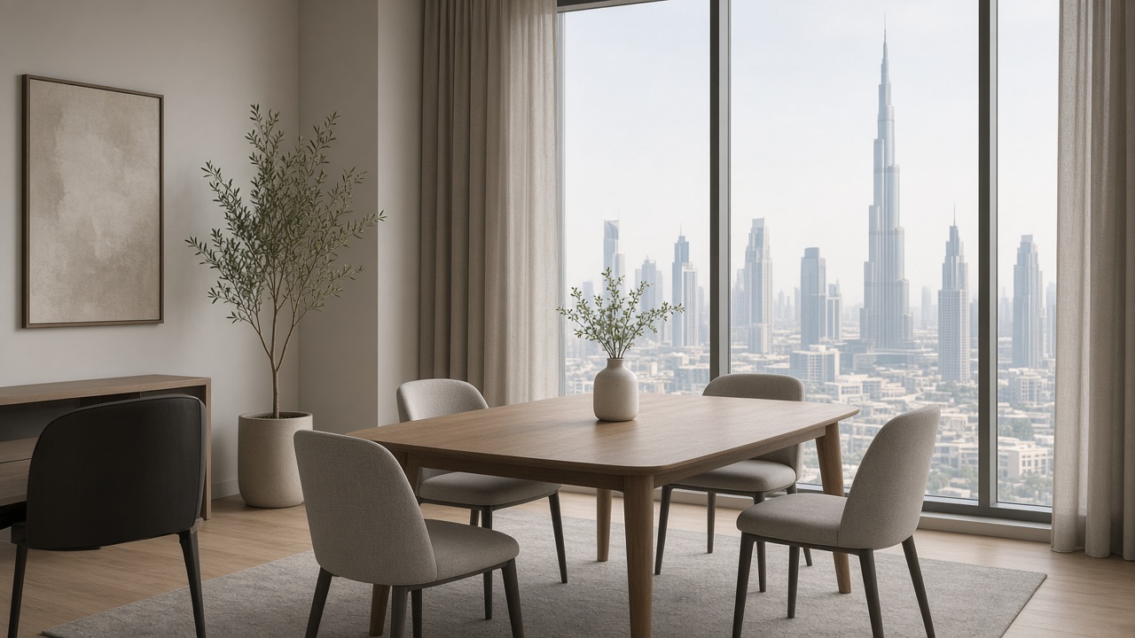 Morning light in a quiet Dubai apartment with a city view and an empty dining table.