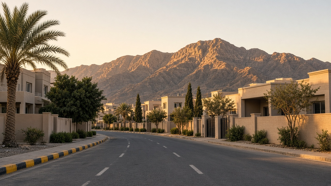 Architectural atmosphere in Ras Al Khaimah, without logos or readable signs.