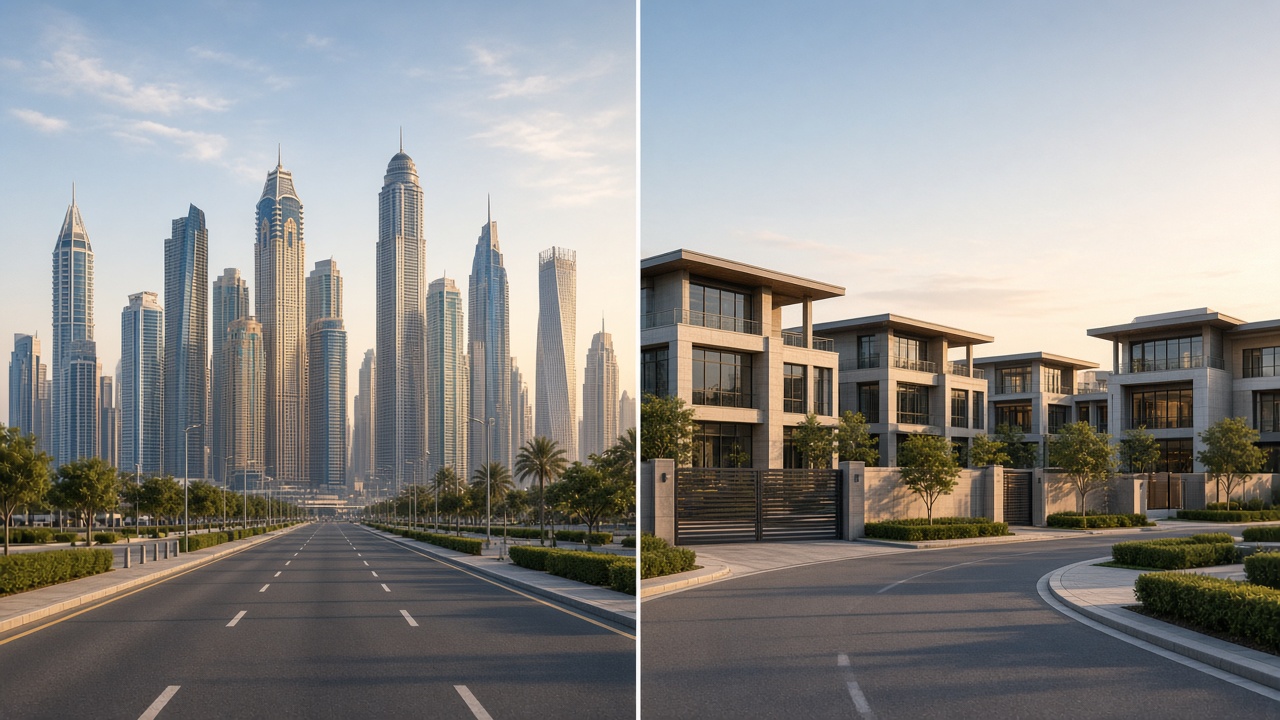 Two Dubai office clusters in clear morning light, one on a campus, no text in the frame.