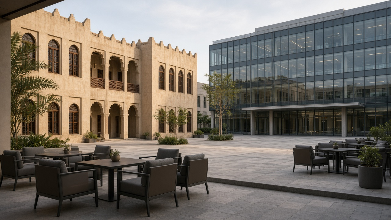 Architectural atmosphere in Sharjah, without logos or readable signs.