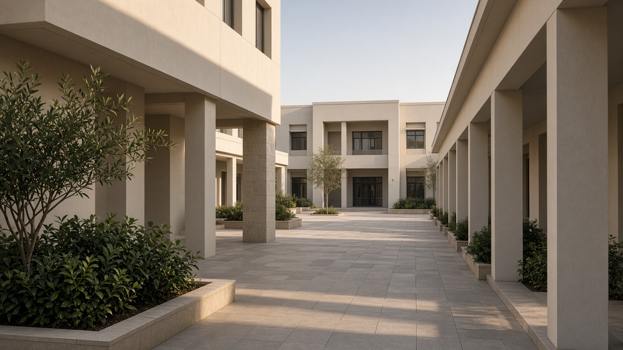 An empty school courtyard and low campus buildings in Dubai in morning light, no children or text.