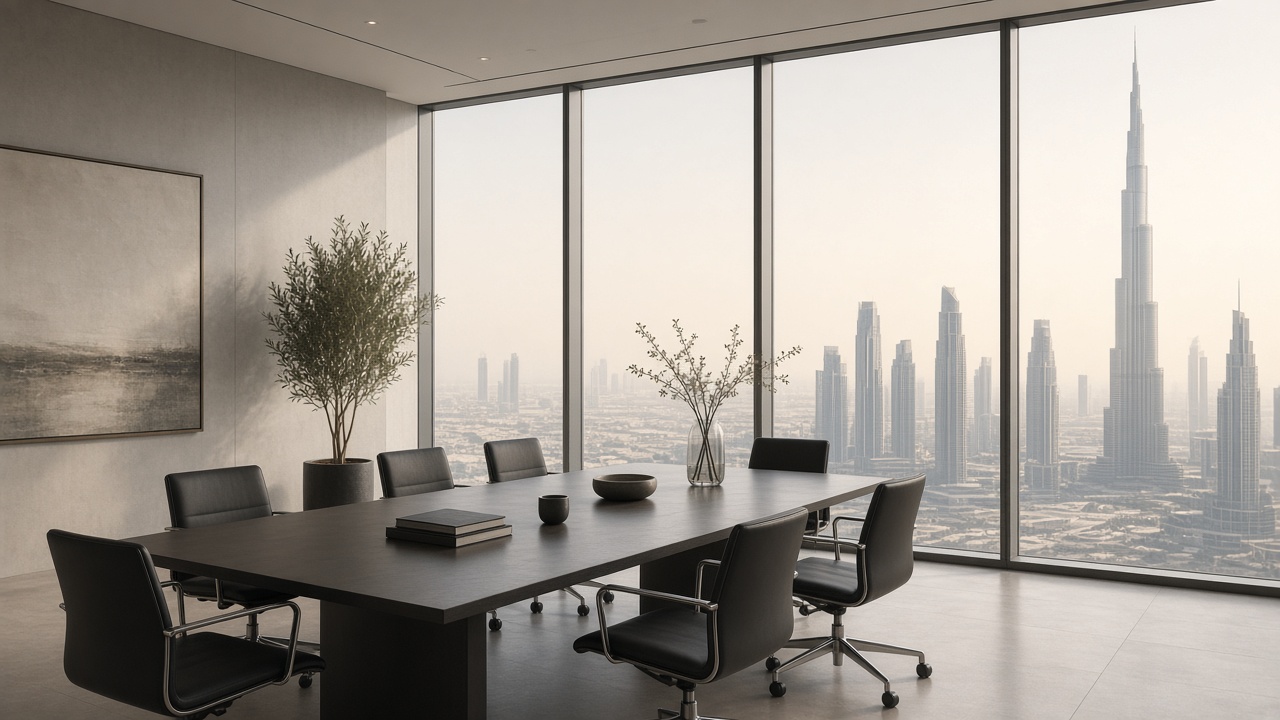 A quiet high-floor office looking out over Dubai in natural light, empty of people, no text.