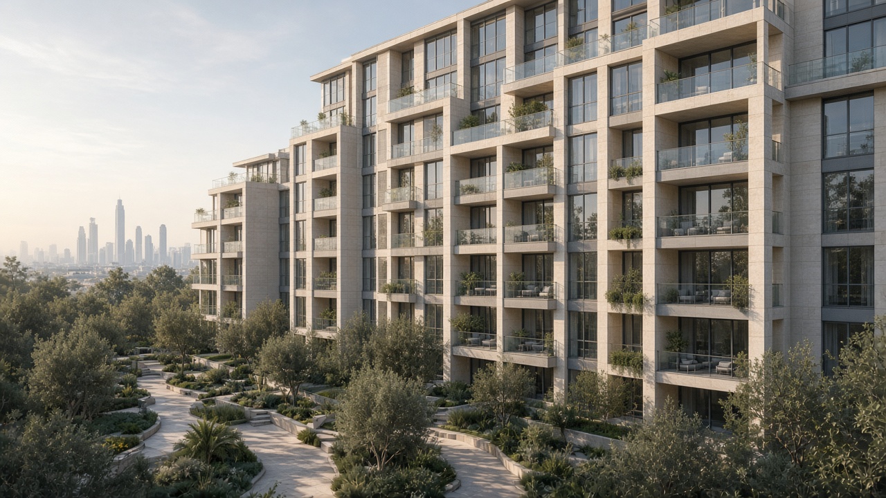 Clear morning light on a quiet Dubai apartment block with empty terraces and no signage.