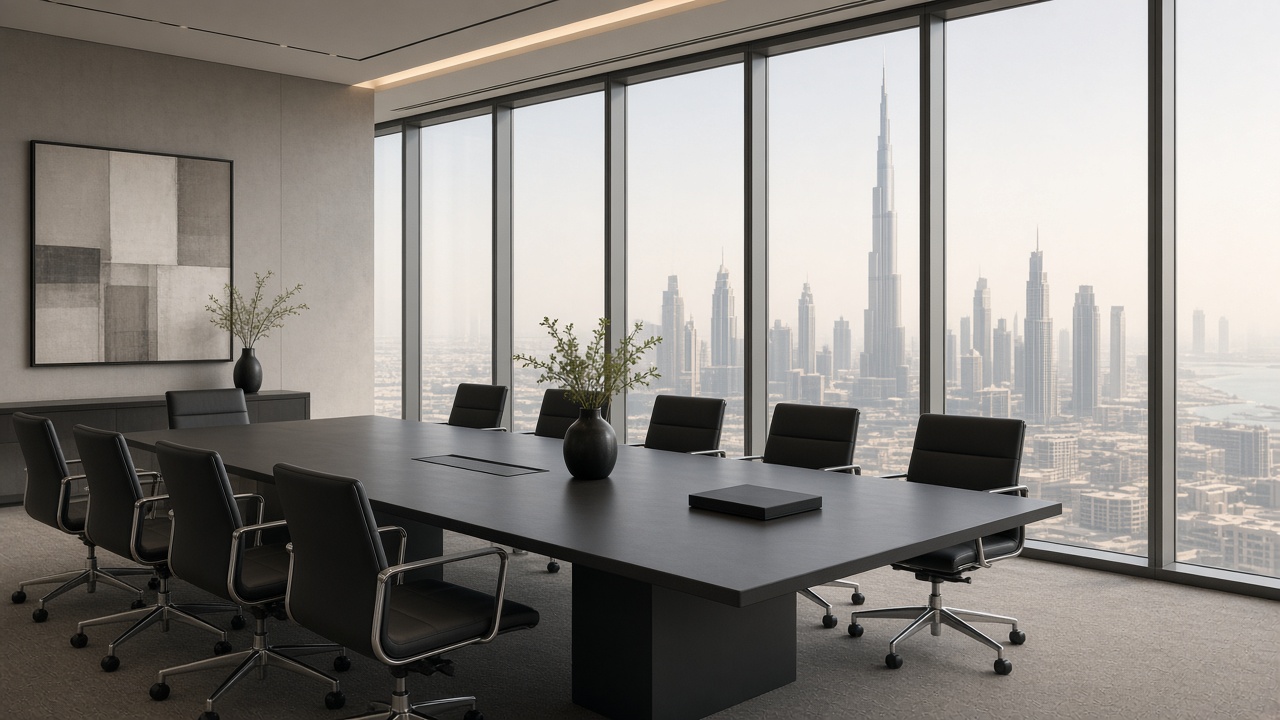 An empty Dubai boardroom in morning light through glass, no people and no screen text.