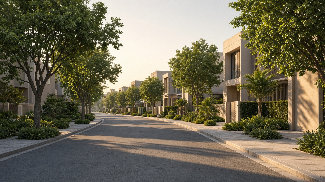 Residentiële straat met bomen en laagbouw in Dubai in laat middaglicht, zonder mensen scherp in beeld.