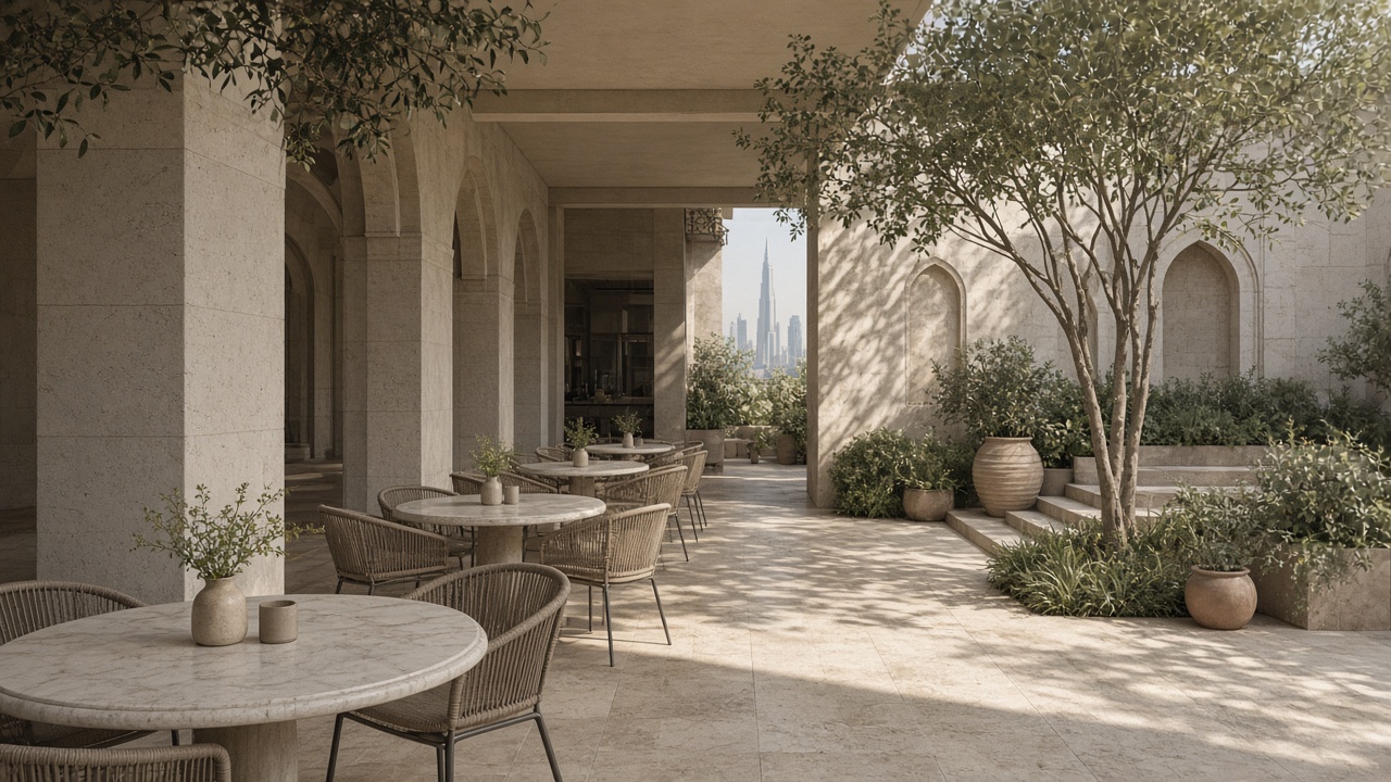 A shaded café terrace in Dubai, empty tables, soft morning light, no people posed as experts.