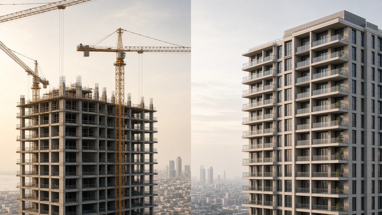 A crane beside a finished Dubai residential tower in soft morning light, no people or text.
