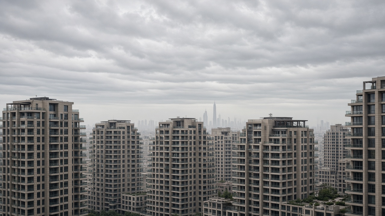 Overcast late afternoon above Dubai high-rises in muted light, no people, no text.