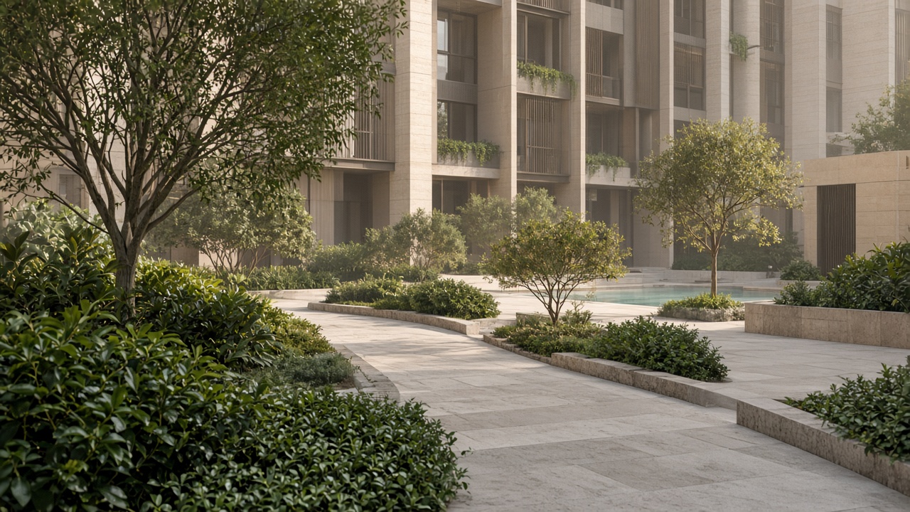 A quiet communal garden at the foot of a Dubai residential building in morning light, no people posed as experts.