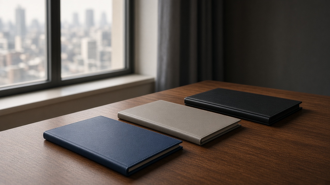 Three closed document folders on a wooden desk by a window, city light, no readable text.
