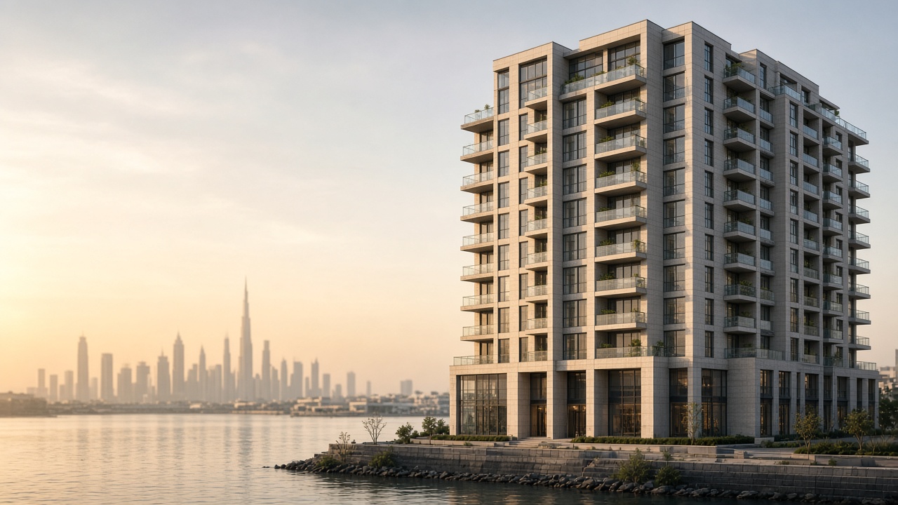 Late-afternoon light on a contemporary Dubai residential tower beside still water, no text in the frame.