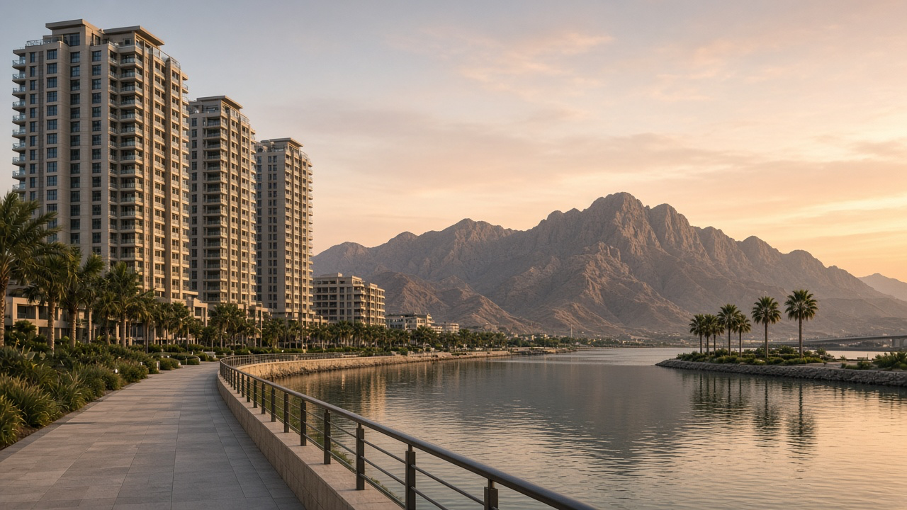 Architectural atmosphere in Ras Al Khaimah, without logos or readable signs.