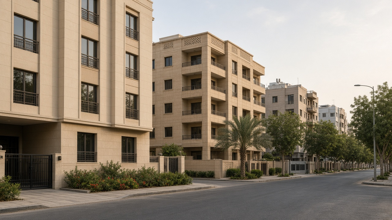 Architectural atmosphere in Sharjah, without logos or readable signs.