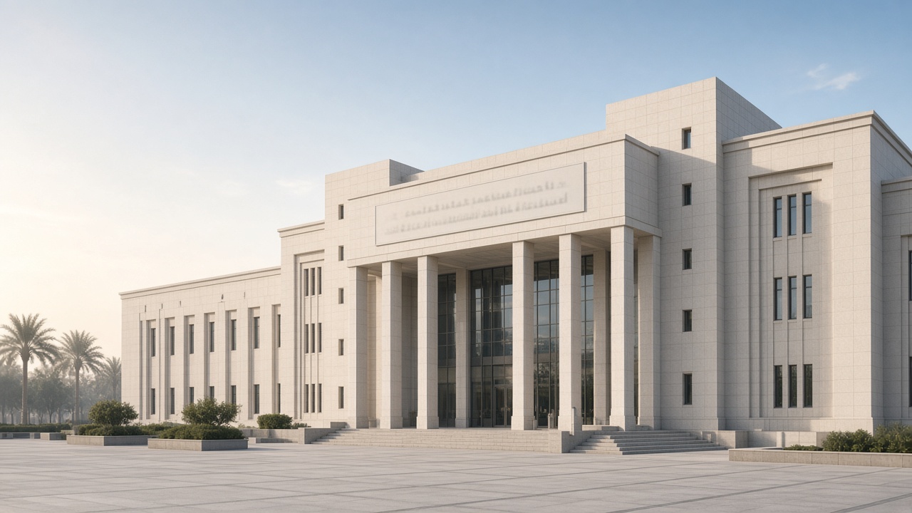 A government-style building in Dubai in clear morning light, empty forecourt, no readable signs.
