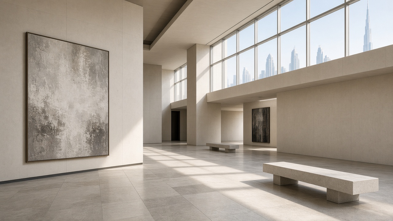 A museum-like hall in Dubai with natural light and quiet architecture, no people or text.
