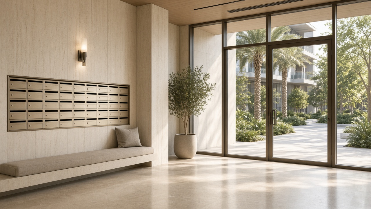 A sunlit apartment lobby in Dubai with empty mailboxes and no text.