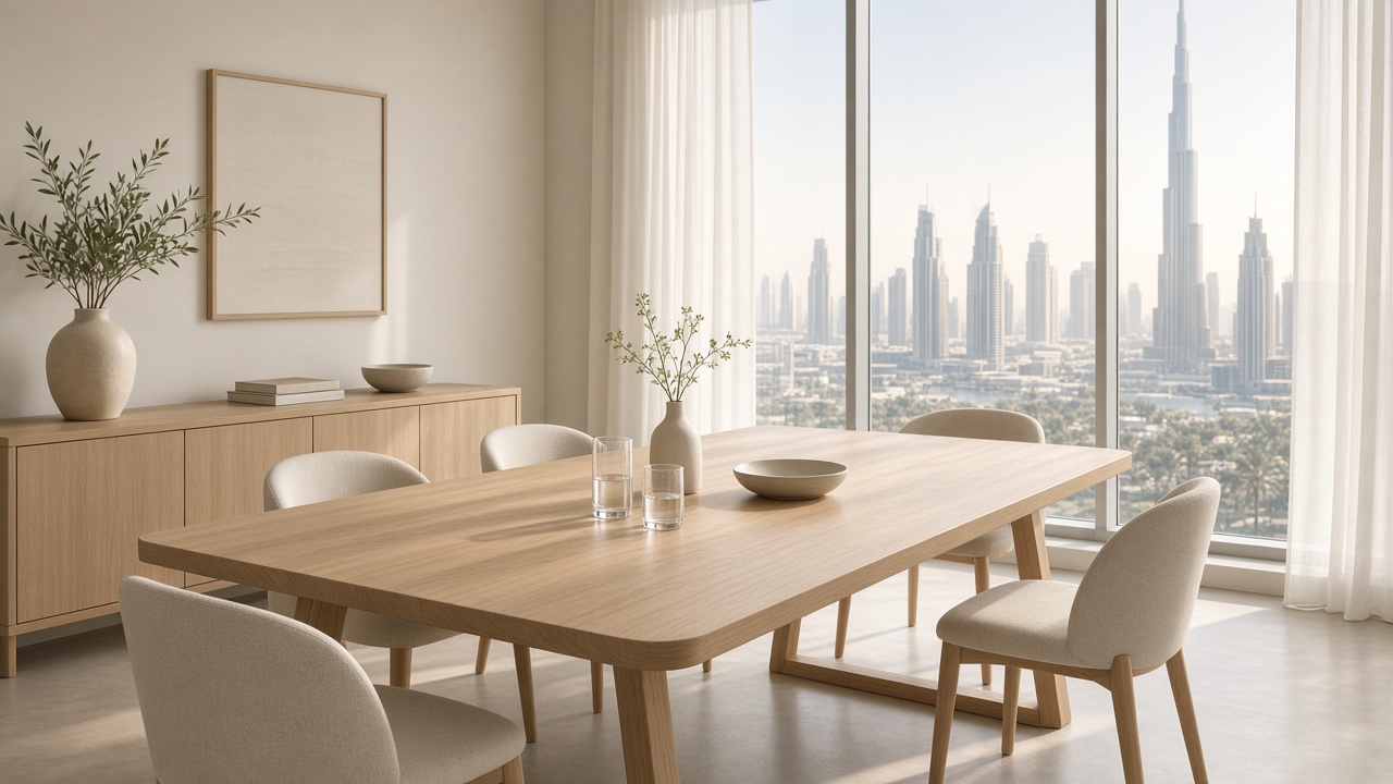 A bright meeting room looking out over Dubai, empty table, natural morning light, no people.