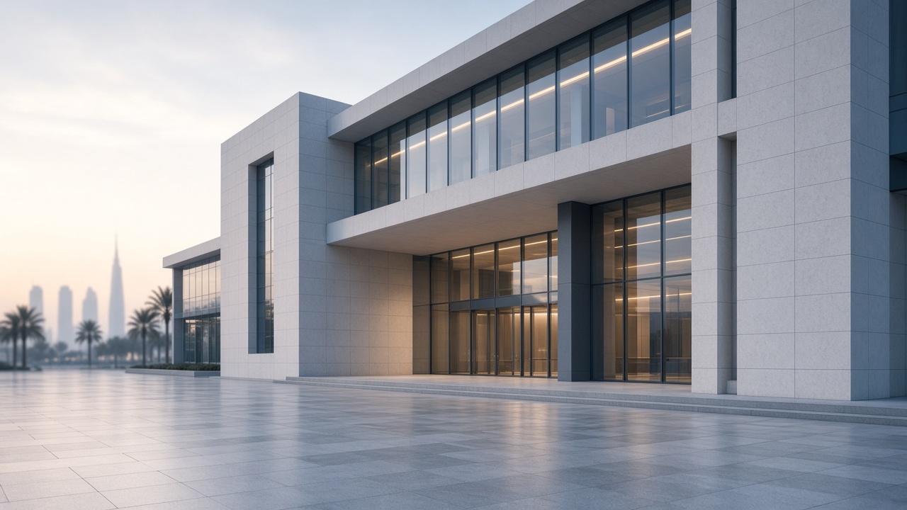 A stark bank façade in Dubai in muted morning light, logos not sharp in frame.