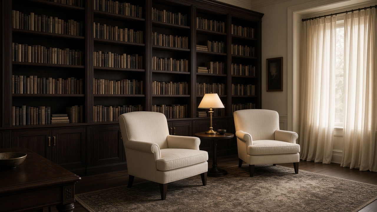 Architectonische privébibliotheek, sfeerillustratie.